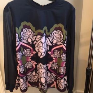 Ted Baker Navy and Print Sheer Sleeve Top